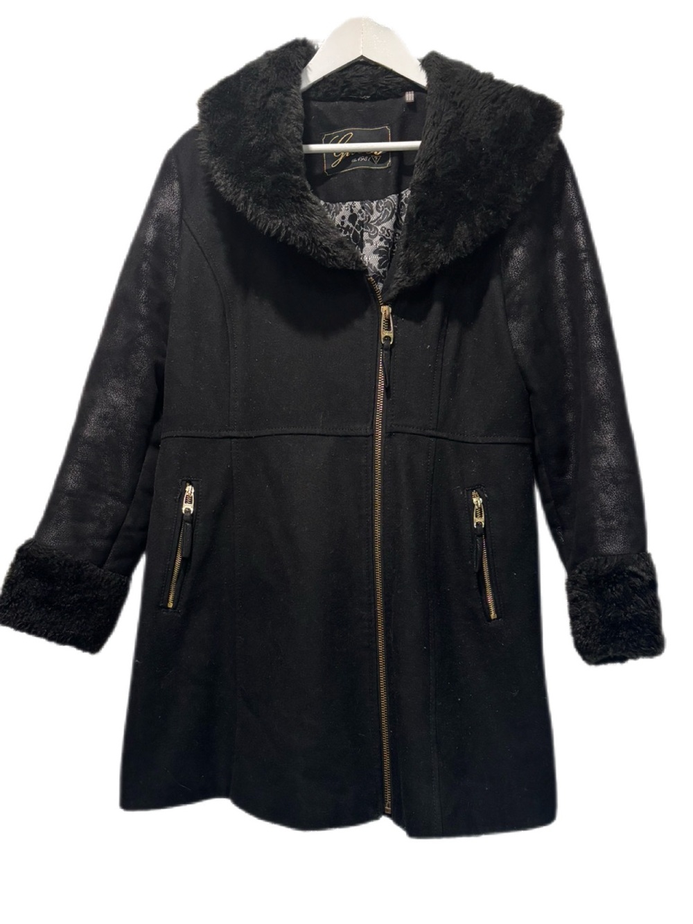Guess Black Faux Suede & Fur Trim Winter Coat Jacket XL